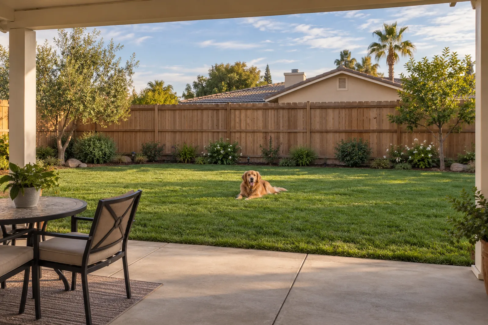 6-foot natural wood dog-ear privacy fence across the back of a Southern California backyard