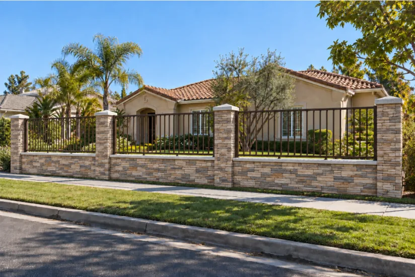 Stacked ledger stone wall with flat-top dark brown iron pickets, front yard rendering