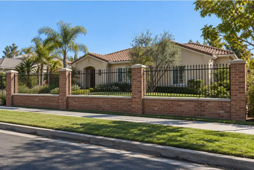 Classic red brick knee wall with spear-top black wrought iron panels, front yard rendering