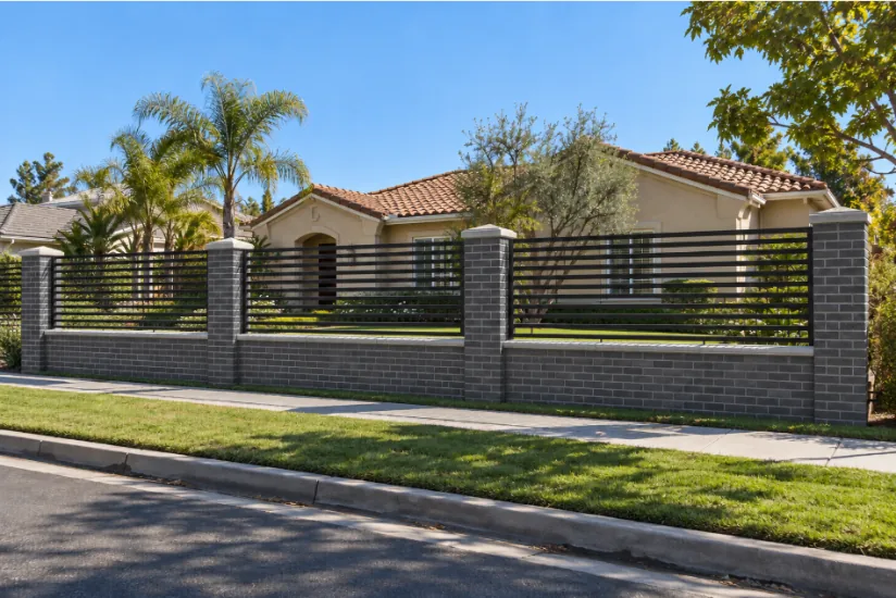 Charcoal ironspot brick wall with modern horizontal bar iron panels, front yard rendering