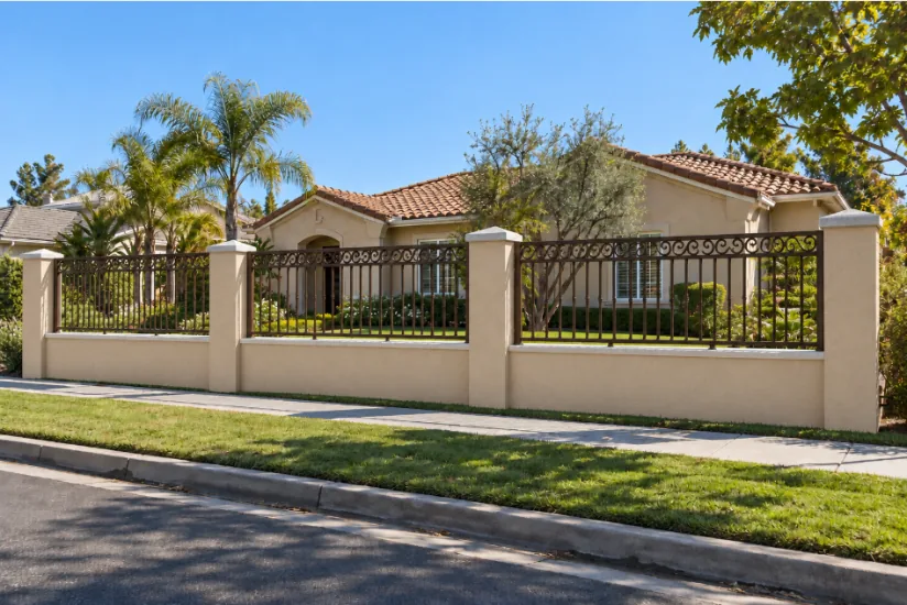Sand stucco pilasters with scrollwork iron panels in oil-rubbed bronze, front yard rendering