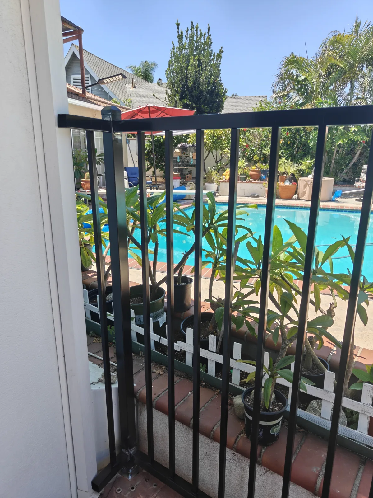Vertical picket detail on a black iron pool fence — a real Apexguard Fence project in Ontario, the same build we install in Glendora, CA