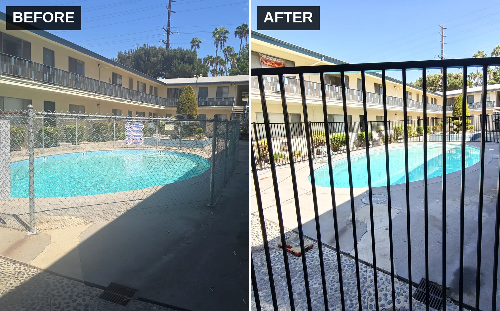 Before and after: chain-link pool fence replaced with black ornamental iron at a West Covina apartment complex by Apexguard Fence