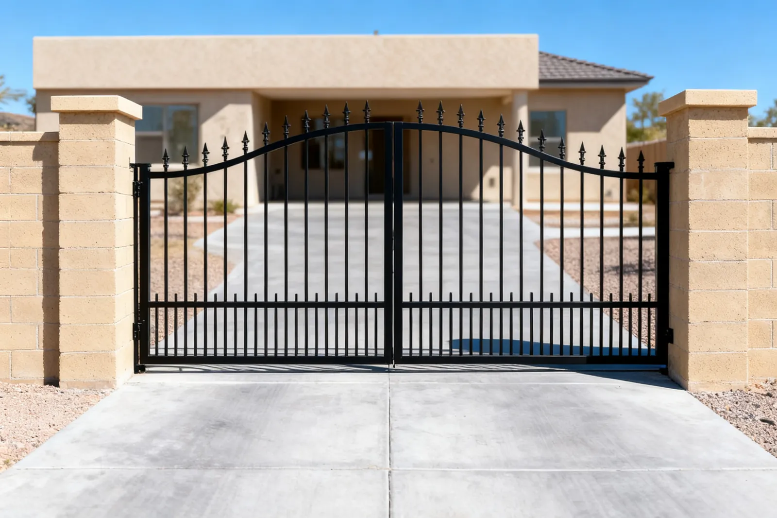 Black wrought iron double swing driveway gate on a standard block-wall entrance