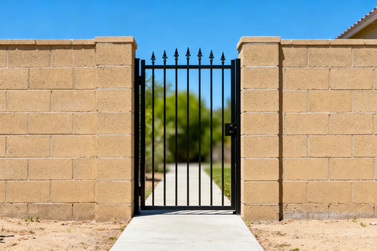 Black wrought iron pedestrian side gate in a standard block-wall opening